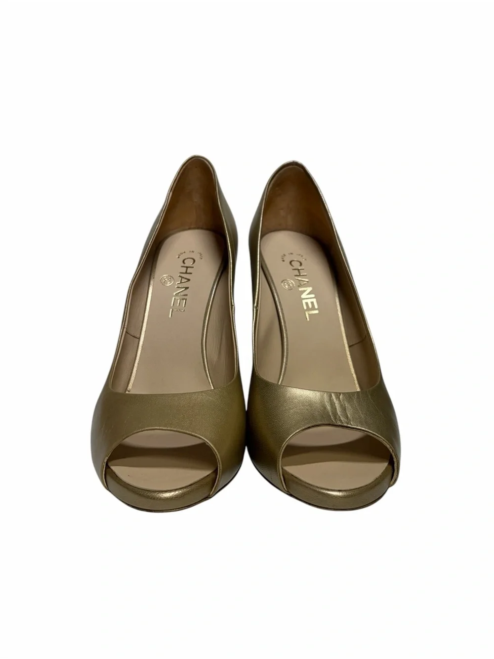 CHANEL Metallic Gold Peep-Toe Stiletto Heels